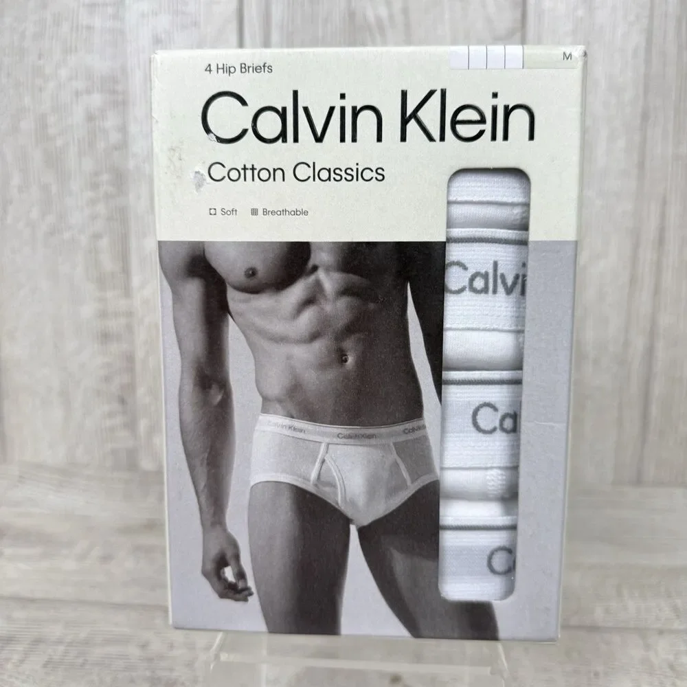 Calvin Klein Mens Medium White Cotton Classics Hip Briefs Underwear 4-Pack Soft